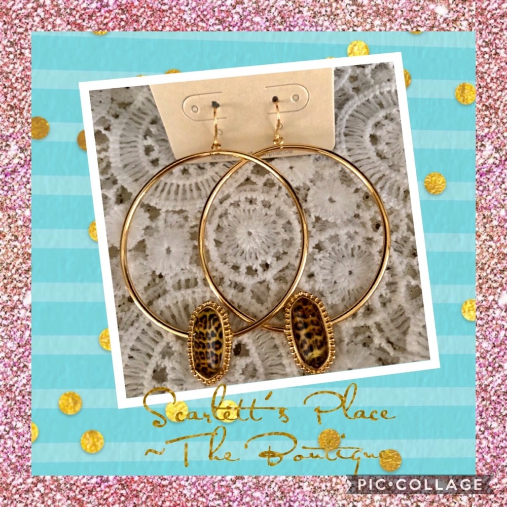 Gold Colored Hook Hoops w/Cheetah Print Accent